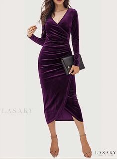 Lasaky - Elegant Irregular Long Party Dress with Bodycon Fit and Off-Shoulder Design Emerald Green Dresses, 파티 드레스, Purple Midi Dress, Red Velvet Dress, Dress Cocktail, Elegant Dresses Long, Red Midi Dress, Purple Velvet, Party Dress Long