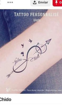 a tattoo on the arm that says tattoos personalise with birds flying around and an arrow