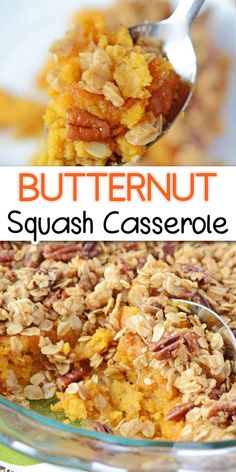 a close up of a spoon in a bowl of food with the words butternut squash casserole