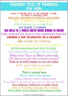 the rainbow acts of kindness poster with words in different colors and font on white paper