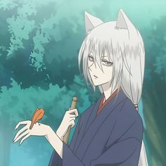 an anime character with white hair holding a bird