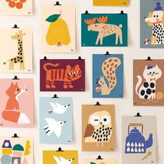 a bunch of pictures hanging on the wall with animals and birds in different colors, shapes and sizes