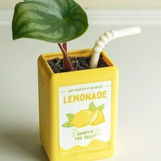 a yellow lemonade box with a toothbrush in it and a green leaf on top