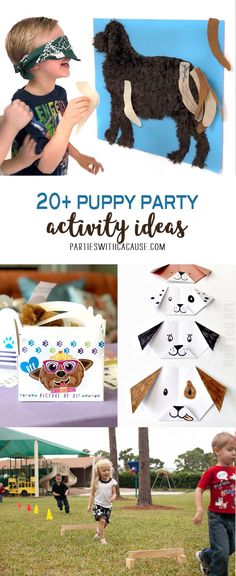 a collage of pictures with the words puppy party activity ideas on them and photos of children