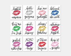 six different color lipstick stickers with the words kiss me, kiss me and kiss me