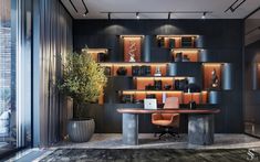 an office with black walls and shelves filled with desks, bookshelves and plants