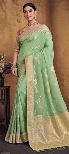 Green color Saree in Silk fabric with Embroidered, Thread, Zari work Green Banarasi Silk Saree With Intricate Embroidery, Green Georgette Embroidered Fabric For Wedding, Pista Green Georgette Embroidered Fabric For Wedding, Pista Green Embroidered Wedding Saree, Embroidered Pista Green Saree For Wedding, Green Dola Silk Embroidered Fabric For Wedding, Green Banarasi Silk Embroidered Fabric For Wedding, Green Zari Weaving Wedding Fabric, Pista Green Embroidered Saree Fabric For Wedding