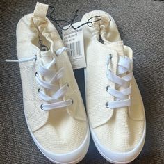 Off White Canvas Shoes. Size 7/8 New Cream Flat Sneakers For Summer, Summer Cream Flat Sneakers, Comfortable Cream Sneakers For Summer, Summer Cream Comfortable Sneakers, Casual Cream Sneakers For Summer, Cream Cushioned Sneakers For Summer, Textured Slip-on Sneakers For Spring, Textile Sneakers For Spring, Cream Closed Toe Sneakers For Spring