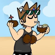 a cartoon character holding a drink in one hand and a coconut in the other while wearing a crown on top of his head