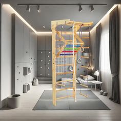 a room that has a ladder in the middle of it and various objects on the floor