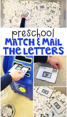 a collage of photos with words and pictures on them that say preschool match and mail the letters