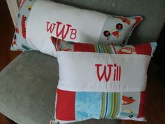 two pillows on a chair with the word wwb written in red and blue