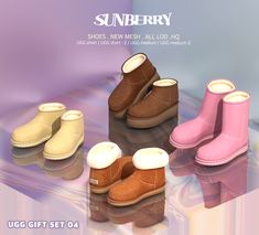 four pairs of shoes are shown in different colors, sizes and styles for the child's footwear