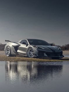 a silver sports car parked next to a body of water