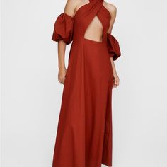 Rust Halter Maxi Dress Puff Sleeve Maxi Dress, Halter Maxi Dress, Loungewear Jumpsuit, Rust Dress, Halter Maxi, Halter Maxi Dresses, Sleeve Maxi Dress, Guest Outfit, Long Sleeve Midi Dress