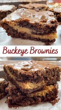 two pictures of brownies stacked on top of each other with the words, buckeye brownies