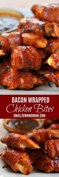 sweet bacon wrapped chicken bites on a white plate with text overlay that reads, sweet bacon wrapped chicken bites