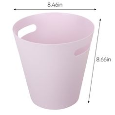 the measurements for a pink plastic trash can with handles and sides, shown from front to back