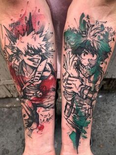 two people with tattoos on their legs