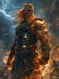 a man with long hair and beard standing in front of a lightning storm, wearing armor