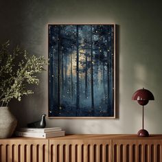 a painting hanging on the wall above a radiator in a room with a lamp