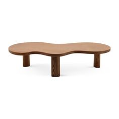 an oval wooden table with two legs and a curved design on the top, against a white background