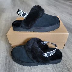 Brand New Ugg Funkette Slippers Kids Sz 6 Color: Black Suede Upper Sheepskin Collar Elastic Strap With Ugg Graphic Uggplush Lining Sheepskin Insole Eva Midsole Sugarcane Eva Outsole They Have The Hologram Tag As Shown In The Pictures To Prove Authenticity (596613) No Trades Black Casual Slippers With Faux Fur Lining, Ugg Funkette, Slippers Kids, Ugg Kids, Shoes Ugg, Suede Slippers, Kids Uggs, Swag Shoes, Ugg Shoes