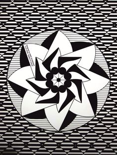 an abstract black and white design with geometric shapes in the center on a striped background