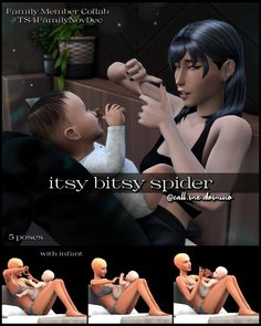 an animated image of a woman holding a baby in her lap and the caption reads, it'sy bitsy spider