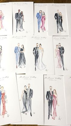 several drawings of men and women in tuxedos are shown on top of a piece of paper