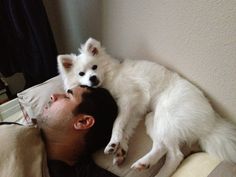 a man laying on top of a bed next to a white dog with black eyes