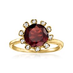 Ross-Simons - C. 1900 Vintage 1.50ct Garnet, .10ct t. w. Diamond Ring Round Cut Size 5.5. C. 1900. A fine product from the Victorian era of design, our Estate collection ring is truly unique. A central 1.50 carat round garnet beams amid an incomparable fancy frame of .10 ct. t. w. round rose-cut diamonds that twinkle from floral-like stations. Crafted in 14kt yellow gold, this superb style is bound to serve as a precious family heirloom. 7/16" wide. Diamond and garnet ring. Exclusive, one-of-a-kind Estate Jewelry. Garnet birthstones are the perfect gift for January birthdays. Victorian Cluster Ring With Diamond Accents, Antique Ruby Ring With Diamond Accents, Victorian Formal Cluster Ring With Center Stone, Victorian Cluster Ring With Round Cut For Formal Occasions, Victorian Cluster Ring For Formal Occasions, Victorian Cluster Ring For Formal Events, Victorian Style Formal Cluster Ring, Victorian Cluster Ring With Halo Setting For Formal Occasions, Victorian Style Halo Setting Cluster Ring For Formal Occasions