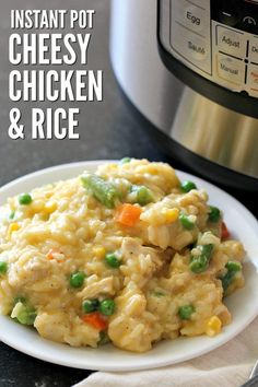 instant pot cheesy chicken and rice on a plate next to an instant pressure cooker