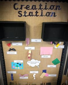 a bulletin board with clothes pins and magnets attached to it's sides that read creation station