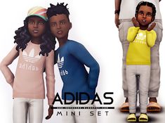 three children standing next to each other with adidas on their shirts and pants in front of them