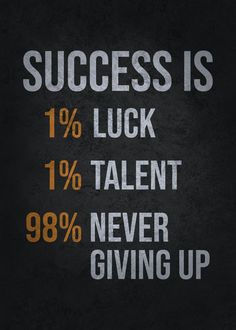 a black poster with the words success is 1 % luck, 10 % talent, never giving up