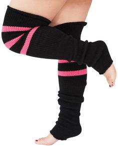 PRICES MAY VARY. Package and material: The package includes a pair of leg warmer socks and a pair of garter belts. The function of the garter belts is to prevent the leg cover from slipping off. Plus size knit leg warmers are made of a nylon and acrylic fabric blend that is soft, comfortable and warm with plenty of stretch. The striped design featured on the top of the ankle warmers adds a stylish touch. Sizes: The length from the top of the leg sleeve to the heel is 27 inches. The maximum stret Thigh High Leg Warmers, Thigh High Sock, Pink Color Combination, Knitted Leg Warmers, Knit Leg Warmers, Leg Warmer, Leg Sleeves, Thigh High Socks, Long Knit