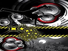 an abstract black and yellow background with speakers