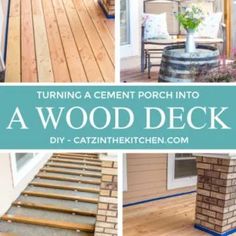 a wooden deck is shown with steps leading up to it and the words turning a cement porch into a wood deck