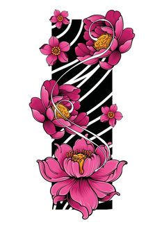 pink flowers on black and white stripes with the letter i in the center, as well as an image of a zebra print