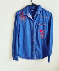 Red Hot Chili Peppers Upcycled denim shirt. Brand Zara. Small Casual Embroidered Button-up Denim Top, Trendy Denim Shirt For Spring, Trendy Spring Denim Shirt, Embroidered Denim Button-up Shirt, Dark Wash Washed Shirt For Spring, Casual Denim Top With Floral Embroidery For Spring, Trendy Medium Wash Shirt For Fall, Fitted Denim Shirt For Spring, Casual Floral Embroidered Denim Top For Spring