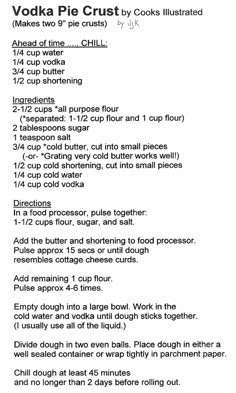 a recipe for vodka pie crust by cooks illustrated in black and white with instructions on how to make it