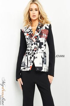 If you're looking for a versatile blazer that can take you from the office to a night out, look no further than the Jovani M04173. This stylish piece can be dressed up or down to suit any occasion, and its timeless design means it will never go out of style. Whether you're wearing it with jeans and a tee for a casual look, or pairing it with a dress and heels for a more sophisticated outfit, this blazer is sure to turn heads. Jacket Dresses Formal, Contemporary Dress, White Dress Styles, Backless Dress Short, Long Sleeve Homecoming Dresses, Red Quinceanera Dresses, Two Piece Gown, Green Homecoming Dresses, Plastic Dress