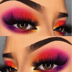 Neon Pink and Orange Eye Makeup with Glitter | From Neon eyeshadow looks, neon eyeshadow in bright colors, from green, yellow, orange, hot pink, and blue. Beautiful eye makeup eyes, from neon eyeshadow makeup inspiration colorful eye makeup, bright eye makeup, dramatic colorful eye makeup, and neon eyeshadow makeup tutorial, perfect for summer. Here you’ll find the best bold ideas for bright neon eye makeup ideas, colorful eyeshadow, neon makeup glitter, and summer festival makeup #neoneyeshad Pink Eye Makeup, Eye Makeup Ideas, Rainbow Makeup, Hooded Eye Makeup