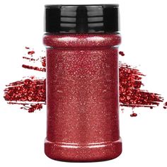 red glitter bottle with black lid on white background