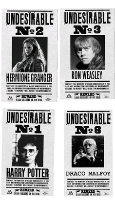 four harry potter movie posters are shown in black and white, with the characters on them