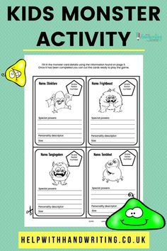 an activity sheet for kids to learn how to write and draw monsters with the help of handwriting