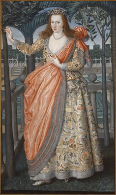 Portrait of a Lady of the Hampden Family (in masque costume), Artist Unknown, ca. 1610, English. RISD Museum 17th Century Portraits, History Exhibition, 17th Century Fashion, Tudor Era, Court Dresses, News Paper, Elizabeth I, Historical Costume, Loose Hairstyles