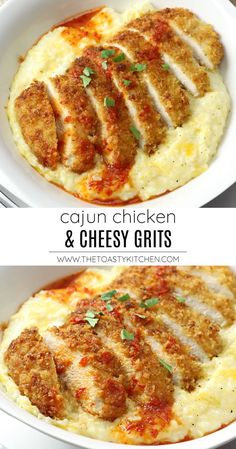 chicken and cheesy grits in a white bowl