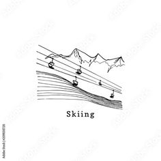 the ski lift is going down the mountain slope with mountains in the background, hand drawn illustration